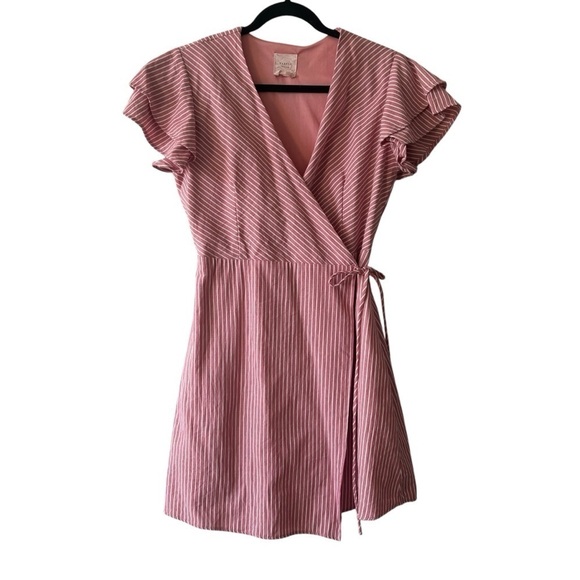 Francesca's Collections Dresses & Skirts - Francesca’s Harper Heritage Pink White Striped Ruffle Sleeve Wrap Dress Large